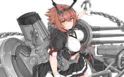 Rule 34 | 1girl, absurdres, anchor, breasts, brown eyes, brown hair, chain, closed mouth, gloves, hairband, highres, kantai collection, large breasts, looking at viewer, machinery, miniskirt, mutsu (kancolle), mutsu kai ni (kancolle), radio antenna, short hair, short sleeves, simple background, skirt, smile, solo, turret, white background, white gloves, zuoteng lucha