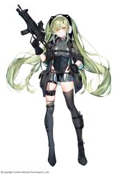 Rule 34 | 1girl, black gloves, boots, breasts, full body, girls&#039; frontline, gloves, green hair, gun, headgear, headphones, highres, holding, holding weapon, latex, leotard, long hair, looking at viewer, magal (girls&#039; frontline), medium breasts, obiwan, official art, open mouth, see-through, see-through skirt, skin tight, skirt, thigh boots, thigh strap, thighhighs, twintails, weapon, yellow eyes