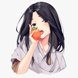 Rule 34 | 1girl, aoi (buzhuen444), bad id, bad pixiv id, black eyes, black hair, blush, commentary request, divine child of rejuvenation, food, fruit, half-closed eyes, highres, japanese clothes, kimono, licking, looking at viewer, naughty face, open mouth, parted bangs, persimmon, portrait, saliva, saliva trail, sekiro: shadows die twice, simple background, solo, tongue, tongue out, white background
