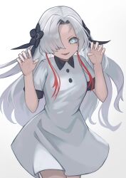 Rule 34 | 1girl, absurdres, black flower, claw pose, collared dress, cowboy shot, dress, flower, grey dress, grey eyes, grey hair, hair flower, hair ornament, hair over one eye, hands up, highres, isekai joucho, kamitsubaki studio, long hair, looking at viewer, multicolored hair, neko hiiragi, parted lips, red hair, short sleeves, simple background, smile, solo, two-tone hair, virtual youtuber, white background