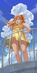 Rule 34 | 1girl, absurdres, bare legs, blue eyes, blue sky, breasts, cloud, day, dress, floating hair, hand on own hip, headgear, highres, interface headset, neon genesis evangelion, open mouth, orange hair, outdoors, panties, pantyshot, railing, shiny skin, short dress, sky, small breasts, solo, souryuu asuka langley, standing, sundress, teeth, thighs, tsundere, two side up, underwear, upper teeth only, white panties, wide hips, wind, yellow dress, yj (yojo san)