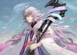 Rule 34 | 1boy, absurdres, ahoge, bishounen, center frills, cloud, fate/grand order, fate (series), field, flower, flower field, flower knot, frills, hair between eyes, hair ornament, highres, holding, holding staff, holding weapon, hood, hood down, hooded robe, light smile, long hair, long sleeves, male focus, merlin (fate), multicolored hair, pants, petals, pink eyes, pink ribbon, ribbon, robe, shaded face, sky, smile, solo, staff, tassel, torittekawaii, turtleneck, two-tone hair, very long hair, weapon, white hair, white robe, wide sleeves
