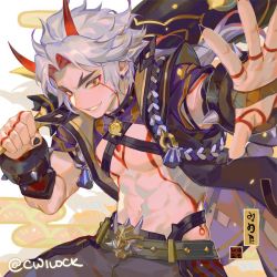 Rule 34 | 1boy, abs, arataki itto, artist name, belt, bishounen, club (weapon), commentary, cwilocky, english commentary, genshin impact, horns, male focus, oni, oni horns, red eyes, short hair, silver hair, smile, tattoo, toned, toned male, upper body, vision (genshin impact), weapon