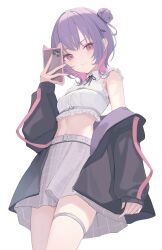Rule 34 | 1girl, bare shoulders, black jacket, breasts, cellphone, closed mouth, commentary request, crop top, grey skirt, hair bun, hair ornament, hairclip, highres, holding, holding phone, jacket, long sleeves, looking at viewer, midriff, mizu (lzzrwi603), multicolored hair, navel, off shoulder, open clothes, open jacket, original, phone, puffy long sleeves, puffy sleeves, purple eyes, purple hair, shirt, simple background, single side bun, skirt, sleeveless, sleeveless shirt, sleeves past wrists, small breasts, smile, solo, standing, thigh strap, two-tone hair, white background, white shirt, x hair ornament