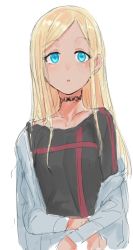 Rule 34 | 1girl, bad id, bad pixiv id, black choker, black shirt, blonde hair, blue eyes, blue jacket, blush, character request, choker, copyright request, dark-skinned female, dark skin, jacket, long hair, long sleeves, looking at viewer, off shoulder, parted lips, shirt, simple background, solo, suisogenshi, upper body, white background