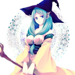 Rule 34 | 1girl, bad id, bad pixiv id, between breasts, blue eyes, blue hair, breasts, dress, front ponytail, hair ornament, hat, holding, large breasts, long hair, looking at viewer, magi the labyrinth of magic, matching hair/eyes, nomoc, smile, solo, staff, witch hat, yamuraiha