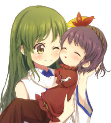Rule 34 | 2girls, absurdres, aged down, baby carry, blush, carrying, cheek-to-cheek, commentary request, detached sleeves, green eyes, green hair, hair ornament, hand on another&#039;s back, hand on another&#039;s head, heads together, highres, holding person, kochiya sanae, layered sleeves, leaf hair ornament, long sleeves, multiple girls, one eye closed, parted lips, puffy short sleeves, puffy sleeves, purple hair, red shirt, red skirt, rope, shimenawa, shirt, short hair, short sleeves, simple background, skirt, sleeping, smile, standing, tatuhiro, touhou, upper body, white background, yasaka kanako
