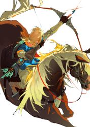 Rule 34 | 1boy, archery, atie1225, blonde hair, blue tunic, boots, bow (weapon), brown footwear, drawing bow, earrings, facing away, fingerless gloves, gloves, grey pants, holding, holding bow (weapon), holding weapon, horse, horseback archery, horseback riding, jewelry, link, long hair, nintendo, outstretched arms, pants, pointy ears, ponytail, quiver, riding, the legend of zelda, the legend of zelda: breath of the wild, weapon