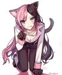 Rule 34 | 1girl, animal ears, bad id, bad twitter id, bead necklace, beads, breasts, brown eyes, brown hair, cat ears, cat tail, cleavage, ecru, heterochromia, jewelry, long hair, multicolored hair, necklace, neo politan, paw pose, pink eyes, pink hair, rwby, solo, split-color hair, tail