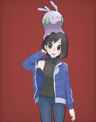 Rule 34 | 1boy, :d, black hair, blue jacket, blush, calem (pokemon), commentary, covered collarbone, cowboy shot, creatures (company), eyelashes, game freak, gen 6 pokemon, goomy, grey eyes, hand up, highres, jacket, long sleeves, looking up, male focus, nintendo, on head, open clothes, open jacket, open mouth, pants, pokemon, pokemon (creature), pokemon on head, pokemon xy, red background, sana (37pisana), shirt, short hair, simple background, sleeveless, sleeveless shirt, smile, sweatdrop, symbol-only commentary, teeth, upper teeth only