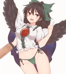 Rule 34 | 1girl, :d, arm cannon, black hair, black wings, blush, breasts, cape, center frills, commentary request, control rod, feathered wings, frilled shirt collar, frills, gluteal fold, green panties, green ribbon, hair between eyes, hair ribbon, highres, index finger raised, long hair, looking at viewer, medium breasts, miyo (ranthath), navel, no pants, open mouth, panties, ponytail, puffy short sleeves, puffy sleeves, red eyes, reiuji utsuho, ribbon, shirt, short sleeves, side-tie panties, simple background, smile, solo, string panties, third eye, touhou, underwear, weapon, white background, white shirt, wings