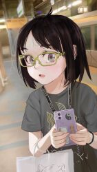 Rule 34 | 1girl, animal print, artist name, bag, black bracelet, black hair, black shirt, blurry, blurry background, blush, bob cut, bracelet, casual, cellphone, character name, commentary, cowlick, depth of field, dutch angle, earrings, eyelashes, fish print, glasses, green-framed eyewear, grey eyes, hair strand, highres, holding, holding bag, holding phone, indoors, jewelry, lanyard, lips, looking at viewer, messy hair, open mouth, original, own hands together, paper bag, phone, russian commentary, russian text, sasha (servachok), servachok, shirt, shopping bag, short hair, short sleeves, smartphone, solo, standing, sticker, subway, subway station, swept bangs, t-shirt, thick eyebrows, train, train station, train station platform, upper body, w arms, yin yang