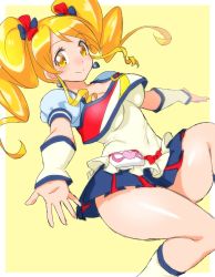 Rule 34 | 10s, 1girl, alternate form, blonde hair, blue skirt, blush, cheerleader, cure honey, cure honey (popcorn cheer), happinesscharge precure!, heart, jewelry, long hair, magical girl, multicolored clothes, multicolored skirt, onsoku inu, oomori yuuko, outstretched arms, precure, simple background, skirt, smile, solo, twintails, yellow background, yellow eyes