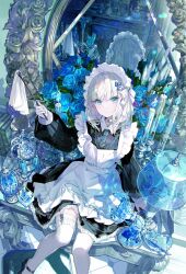 Rule 34 | 1girl, apron, black dress, black footwear, blue eyes, blue nails, closed mouth, collar, collared dress, dress, expressionless, frilled dress, frills, fuzichoco, garter straps, hair ornament, highres, holding, long sleeves, looking at viewer, maid apron, maid headdress, mary janes, medium hair, mirror, original, reflection, shoes, sidelocks, sitting, solo, thighhighs, white apron, white collar, white hair, white thighhighs