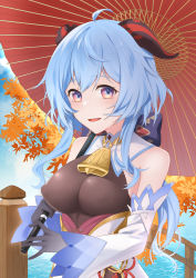 Rule 34 | ahoge, autumn, bare shoulders, bell, black gloves, blue hair, blush, bow, bowtie, breasts, covered erect nipples, detached sleeves, flower knot, ganyu (genshin impact), genshin impact, gloves, gold trim, highres, holding, holding umbrella, horns, long hair, looking at viewer, medium breasts, minogishi, multicolored eyes, neck bell, outdoors, purple eyes, sidelocks, smile, solo, tree, umbrella, upper body, white sleeves