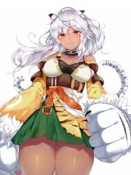 Rule 34 | 1girl, animal ear fluff, animal ears, animal hands, animal print, bare shoulders, belt, black claws, black neckwear, breasts, brown belt, cleavage, collar, collarbone, dress, fur-trimmed sleeves, fur trim, highres, jewelry, latika (shadowverse), long hair, looking at viewer, necklace, neckwear request, orange dress, orange eyes, shadowverse, short dress, sidelocks, silver hair, slit pupils, smile, solo, spaghetti strap, striped tail, tail, tail raised, tan, tiger ears, tiger girl, tiger print, tiger stripes, tiger tail, yamato (muchuu paradigm)
