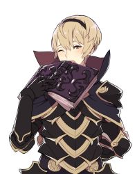 Rule 34 | 1boy, ai-wa, armor, blonde hair, blush, book, brynhildr (tome), capelet, fire emblem, fire emblem fates, gloves, hairband, leo (fire emblem), male focus, nintendo, open mouth, solo, upper body, yawning, yellow eyes