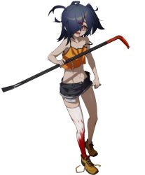 Rule 34 | 1girl, @ @, bags under eyes, bare shoulders, black shorts, blood, blood on clothes, blue hair, bright pupils, crowbar, drooling, fang, fingernails, grey background, hair ornament, hair over one eye, hairclip, hara shoutarou, highres, holding, holding crowbar, holding weapon, horror (theme), long hair, lower teeth only, messy hair, nail polish, navel, open mouth, orange footwear, original, red eyes, red nails, saliva, scar, scar on stomach, shoes, short shorts, shorts, side ponytail, simple background, single thighhigh, skin fang, skindentation, sneakers, solo, stitches, teeth, thighhighs, tongue, torn, torn clothes, weapon, white pupils, white thighhighs