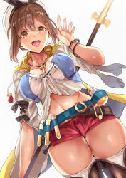 Rule 34 | 1girl, atelier (series), atelier ryza, atelier ryza 1, belt, breasts, brown eyes, brown hair, brown thighhighs, cleavage, commentary request, hair ornament, hairclip, hat, highres, himuro shunsuke, jewelry, large breasts, looking at viewer, midriff, navel, necklace, open mouth, red shorts, reisalin stout, short hair, short shorts, shorts, simple background, solo, star (symbol), teeth, thigh gap, thighhighs, thighs, upper teeth only, white background, white hat, white thighhighs