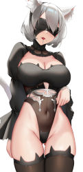 Rule 34 | 1girl, 2b (nier:automata), absurdres, adjusting clothes, adjusting leotard, animal ears, black blindfold, black hairband, black leotard, black thighhighs, blindfold, blush, breasts, candy, cat ears, cat tail, cleavage, covered navel, curvy, food, hairband, highleg, highleg leotard, highres, large breasts, leotard, lollipop, long sleeves, mole, mole under mouth, mouth hold, nier:automata, nier (series), shiny skin, short hair, shrug (clothing), simple background, skai kun, smile, solo, tail, thighhighs, thighs, thong leotard, white background, white hair, wide hips