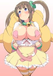 Rule 34 | 1girl, animal bag, backpack, bag, bell, blue eyes, blush, bouncing breasts, bracelet, breasts, breasts out, brown hair, choker, clothes pull, dress, embarrassed, green choker, heart pasties, huge breasts, jewelry, looking away, minori (senran kagura), motion lines, neck bell, pasties, pink neckwear, senran kagura, shirt pull, short sleeves, shortstack, simple background, solo, striped clothes, striped thighhighs, thighhighs, tottotonero, twintails, yellow dress