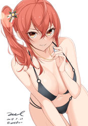 Rule 34 | 1girl, ahoge, azur lane, bare arms, bare shoulders, bent over, bikini, black bikini, blush, breasts, cleavage, collarbone, crossed bangs, dated, gluteal fold, hair between eyes, hair ornament, holding, holding whistle, large breasts, long hair, looking at viewer, navel, o-ring, o-ring bikini, parted lips, red eyes, red hair, side ponytail, sidelocks, signature, simple background, skindentation, smile, solo, swimsuit, teeth, thigh gap, twitter username, unel, v-shaped eyebrows, wet, whistle, whistle around neck, white background, zara (azur lane), zara (poolside coincidence) (azur lane)