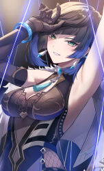 1girl absurdres arm_up armpits black_gloves black_hair blue_hair bob_cut breasts diagonal_bangs earrings elbow_gloves fishnet_fabric genshin_impact gloves green_eyes hal_aluha highres hip_vent jewelry large_breasts looking_at_viewer mole mole_on_breast multicolored_hair revision smile solo upper_body yelan_(genshin_impact)