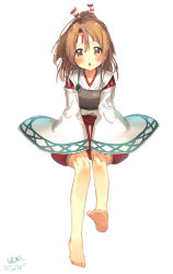 Rule 34 | 10s, 1girl, absurdres, bare legs, barefoot, blush, brown eyes, full body, hachimaki, hair between eyes, hair ribbon, hands on own knees, headband, high ponytail, highres, invisible chair, japanese clothes, kantai collection, leaning forward, light brown hair, long hair, looking at viewer, muneate, open mouth, ponytail, ribbon, signature, simple background, sitting, solo, white background, wide sleeves, zuho (vega), zuihou (kancolle)