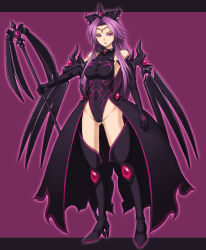 Rule 34 | 1girl, alternate costume, angela (seiken densetsu 3), black thighhighs, boots, cape, crown, dark persona, elbow gloves, gem, gloves, half-closed eyes, halterneck, high heel boots, high heels, jewelry, kuroitsuki, letterboxed, long hair, neck ring, outside border, purple background, purple hair, red eyes, red gemstone, seiken densetsu, seiken densetsu 3, simple background, square enix, staff, stiletto heels, thigh boots, thighhighs, very long hair