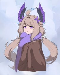 Rule 34 | 1girl, ahoge, blonde hair, blue background, blue hair, bow, brown coat, coat, colored tips, enna alouette, flower, hair bow, hair flower, hair ornament, head wings, highres, j.d. thunderhawk, long hair, looking at viewer, low twintails, multicolored hair, nijisanji, nijisanji en, open mouth, purple bow, purple eyes, purple scarf, purple wings, scarf, solo, twintails, two-tone hair, two side up, upper body, virtual youtuber, white flower, wings