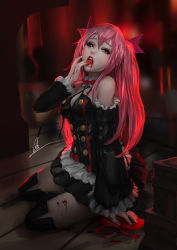 Rule 34 | 10s, 1girl, arm support, backlighting, bare shoulders, black dress, black footwear, black thighhighs, blood, blood from mouth, blood on face, blood on hands, boots, breasts, cglas, detached sleeves, dress, eyelashes, eyeliner, frilled dress, frilled sleeves, frills, full body, hair between eyes, indoors, krul tepes, licking, licking finger, lips, lipstick, long hair, looking at viewer, makeup, nail polish, naughty face, nose, on floor, open mouth, owari no seraph, pink hair, pink lips, pink nails, pointy ears, pool of blood, realistic, red eyes, signature, sitting, solo, thigh boots, thighhighs, tongue, vampire, very long hair, yokozuwari