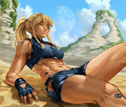 Rule 34 | 1girl, abs, beach, blonde hair, blue sky, braid, breasts, cleavage, closed eyes, cloud, fingerless gloves, gloves, max kay, metroid, nintendo, ponytail, samus aran, sand, short shorts, shorts, signature, sitting, sky, thick thighs, thighs, toned, twin braids