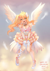 Rule 34 | 1girl, :d, bare shoulders, blonde hair, blurry, blurry background, breasts, cleavage, commentary, dated, depth of field, english commentary, feathered wings, feathers, flower, full body, gloves, green eyes, hair flower, hair ornament, hanami arisa, high heels, highres, indie virtual youtuber, layered skirt, long hair, looking at viewer, one side up, open mouth, petals, pigeon-toed, pink flower, pink skirt, signature, skirt, smile, solo, temachii, virtual youtuber, white footwear, white gloves, white wings, wings