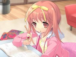 Rule 34 | 00s, 1girl, akihime sumomo, book, confused, ito noizi, jewelry, nanatsuiro drops, pen, red eyes, red hair, ribbon, ring, solo, writing
