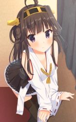 Rule 34 | 10s, 1girl, ahoge, bare shoulders, breasts, brown hair, cleavage, detached sleeves, double bun, hairband, japanese clothes, kantai collection, kongou (kancolle), long hair, nontraditional miko, personification, skirt, solo, takumi1006, thighhighs