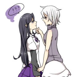 Rule 34 | 2girls, ?, ??, ayukae, bare shoulders, black hair, crossover, from side, hand on another&#039;s chin, long hair, long sleeves, looking at another, lowres, multiple girls, purple skirt, sabitsuki, shirt, short hair, skirt, sleeveless, sleeveless shirt, sometsuki, ultra violet (game), very long hair, white background, white hair, white skirt, yuri