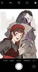 Rule 34 | 1boy, 1girl, beret, black hair, casual, commentary, crop top, d.va (overwatch), dress, english commentary, facial mark, fashion, finger heart, hat, heart, height difference, highres, long hair, overwatch, overwatch 2, ramattra (overwatch), red dress, red headwear, see-through, see-through shirt, selfie, variant set, velinxi, whisker markings