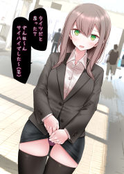 Rule 34 | 1girl, black jacket, black skirt, black thighhighs, brown hair, buttons, clothes lift, collared shirt, day, dress shirt, dutch angle, exhibitionism, green eyes, highres, jacket, lifting own clothes, long hair, long sleeves, multiple others, office lady, ol-chan (oouso), oouso, open mouth, original, outdoors, panties, photo background, public indecency, purple panties, real world location, shirt, skindentation, skirt, skirt lift, speech bubble, thigh gap, thighhighs, translated, underwear