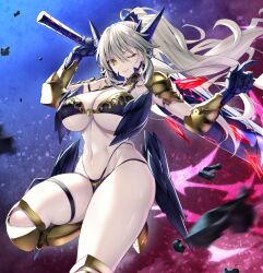 Rule 34 | 1girl, armor, artoria pendragon (fate), artoria pendragon (lancer alter) (fate), bikini armor, blonde hair, breasts, cleavage, commission, dark rhongomyniad, emanon123, fate/grand order, fate (series), gauntlets, horns, huge breasts, looking at viewer, navel, one eye closed, shoulder armor, skeb commission, solo, thighs, underwear, yellow eyes