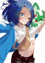 Rule 34 | 1girl, absurdres, adapted costume, bag, black pants, blue coat, blue eyes, blue hair, blush, breasts, coat, commentary request, creatures (company), cropped shirt, eyelashes, game freak, grin, hair ornament, hairclip, highres, liko (pokemon), man yu (awax7557), medium breasts, medium hair, midriff, navel, nintendo, on shoulder, one eye closed, open clothes, open coat, pants, pokemon, pokemon (anime), pokemon (creature), pokemon horizons, pokemon on shoulder, shirt, simple background, sleeves past elbows, smile, sprigatito, teeth, white background, white shirt, yellow bag