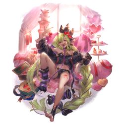 Rule 34 | 1girl, black shorts, braid, curtains, doughnut, food, granblue fantasy, green hair, hair ornament, halterneck, hand up, heart, heart-shaped pillow, helel ben shalem, helel ben shalem (coco-coated dreams) (granblue fantasy), holding, leaning back, leaning on object, long hair, long toenails, looking at viewer, minaba hideo, off-shoulder sweater, off shoulder, official art, pacifier, pillow, red eyes, short shorts, shorts, sitting, solo, stomach, sweater, third-party source, toenails, very long hair