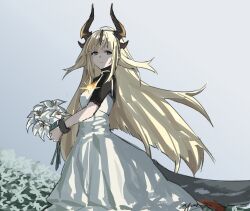 Rule 34 | 1girl, absurdres, arknights, blonde hair, bodystocking, dragon girl, dragon horns, dragon tail, dress, flower, from side, green eyes, grey background, highres, holding, holding flower, horns, long hair, looking at viewer, official alternate costume, reed (arknights), reed the flame shadow (arknights), short sleeves, signature, simple background, sleeveless, sleeveless dress, solo, spaghetti strap, tail, very long hair, white dress, white flower, yazu (zoddiacz)