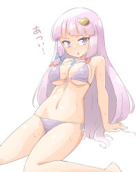 Rule 34 | 1girl, arnest, bikini, blue bow, blush, bow, breasts, cleavage, crescent, crescent pin, highres, large breasts, long hair, medium breasts, navel, patchouli knowledge, purple bikini, purple eyes, purple hair, red bow, simple background, sitting, solo, sweat, swimsuit, touhou, white background