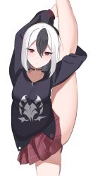 Rule 34 | 1girl, black hoodie, black horns, blue archive, demon horns, gluteal fold, gymnastics, highres, holding leg, hood, hoodie, horns, kayoko (blue archive), leg hold, leg lift, leg up, looking at viewer, miya (miya122303), mole, mole on collarbone, mole on neck, multicolored hair, problem solver 68 (blue archive), simple background, solo, split, standing, standing on one leg, standing split, two-tone hair, white background, white hair