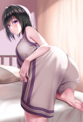 Rule 34 | 1girl, absurdres, ass, barefoot, basketball uniform, bed, bed sheet, black hair, breasts, closed mouth, feet, from behind, hair between eyes, highres, huyumitsu, indoors, large breasts, looking at viewer, looking back, medium hair, on bed, original, pantylines, photoshop (medium), pillow, purple eyes, shirt, short hair, shorts, sleeveless, sleeveless shirt, solo, sportswear, under covers, white shirt, white shorts