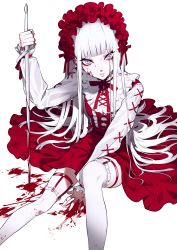 Rule 34 | 1girl, absurdres, blood, blood on clothes, blood on face, bloody weapon, blunt bangs, commentary request, dress, eyeliner, eyeshadow, frilled dress, frilled hairband, frilled thighhighs, frills, grey eyes, grey pupils, hairband, highres, hime cut, holding, holding sword, holding weapon, lolita fashion, long hair, long sleeves, looking at viewer, makeup, neck ribbon, original, parted lips, red dress, red eyeshadow, red ribbon, ribbon, sidelocks, simple background, sitting, solo, straight hair, sword, thigh strap, thighhighs, thighs, urkt 10, very long hair, weapon, white background, white hair, white thighhighs