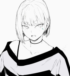 Rule 34 | 1girl, camisole, choker, collarbone, ear piercing, fang, greyscale, looking at viewer, mee (sohin), monochrome, off shoulder, open mouth, original, piercing, pointy ears, shirt, short hair, single bare shoulder, slit pupils, sohin, solo, spot color, teardrop facial mark, upper body