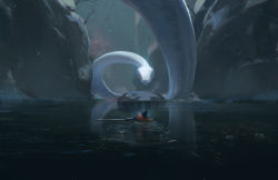 Rule 34 | 1boy, animal, black hair, cliff, coat, commentary request, facing away, from behind, giant snake, great serpent, hand up, holding, holding sword, holding weapon, in water, katana, male focus, orange coat, outstretched arm, oversized animal, pixiescout, scenery, sekiro, sekiro: shadows die twice, short hair, snake, swimming, sword, topknot, water, weapon