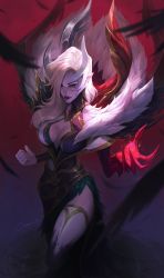 Rule 34 | 1girl, alternate costume, asymmetrical clothes, blonde hair, breasts, citemer, cleavage, cleavage cutout, clothing cutout, coven morgana, fur trim, hair over one eye, highres, large breasts, league of legends, long hair, looking at viewer, morgana (league of legends), pale skin, pointy ears, side slit, signature, solo, standing, tagme, thighhighs, yellow eyes