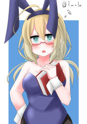 Rule 34 | 1girl, absurdres, alternate costume, animal ears, black pantyhose, blue background, blue leotard, blush, book, bow, bowtie, breasts, collarbone, covered navel, dated, detached collar, fake animal ears, green eyes, hat, highres, i-8 (kancolle), kantai collection, large breasts, leotard, looking at viewer, low twintails, open mouth, pantyhose, peaked cap, playboy bunny, rabbit ears, rabbit tail, red-framed eyewear, semi-rimless eyewear, strapless, strapless leotard, t (dyuhuhudyukusi), tail, traditional bowtie, twintails, under-rim eyewear, white background, wrist cuffs